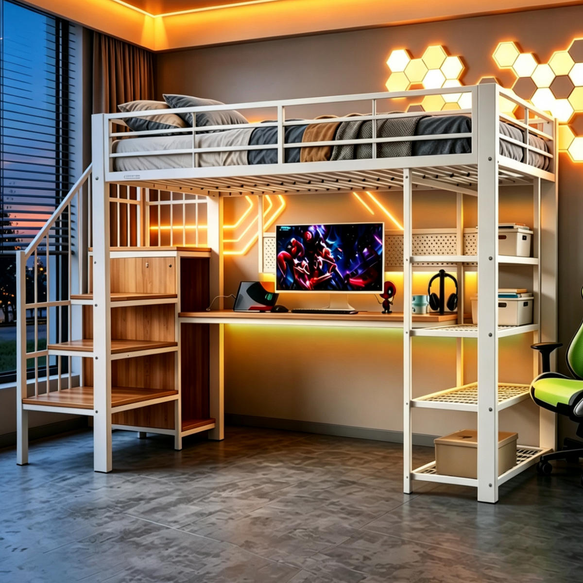 HOCHBETT 90/200 cm in Weiß aus Metall und Holz mit Stauraum, LED und Steckdosen - Weiß, Holzwerkstoff/Metall (90/200cm) - WISHDOR