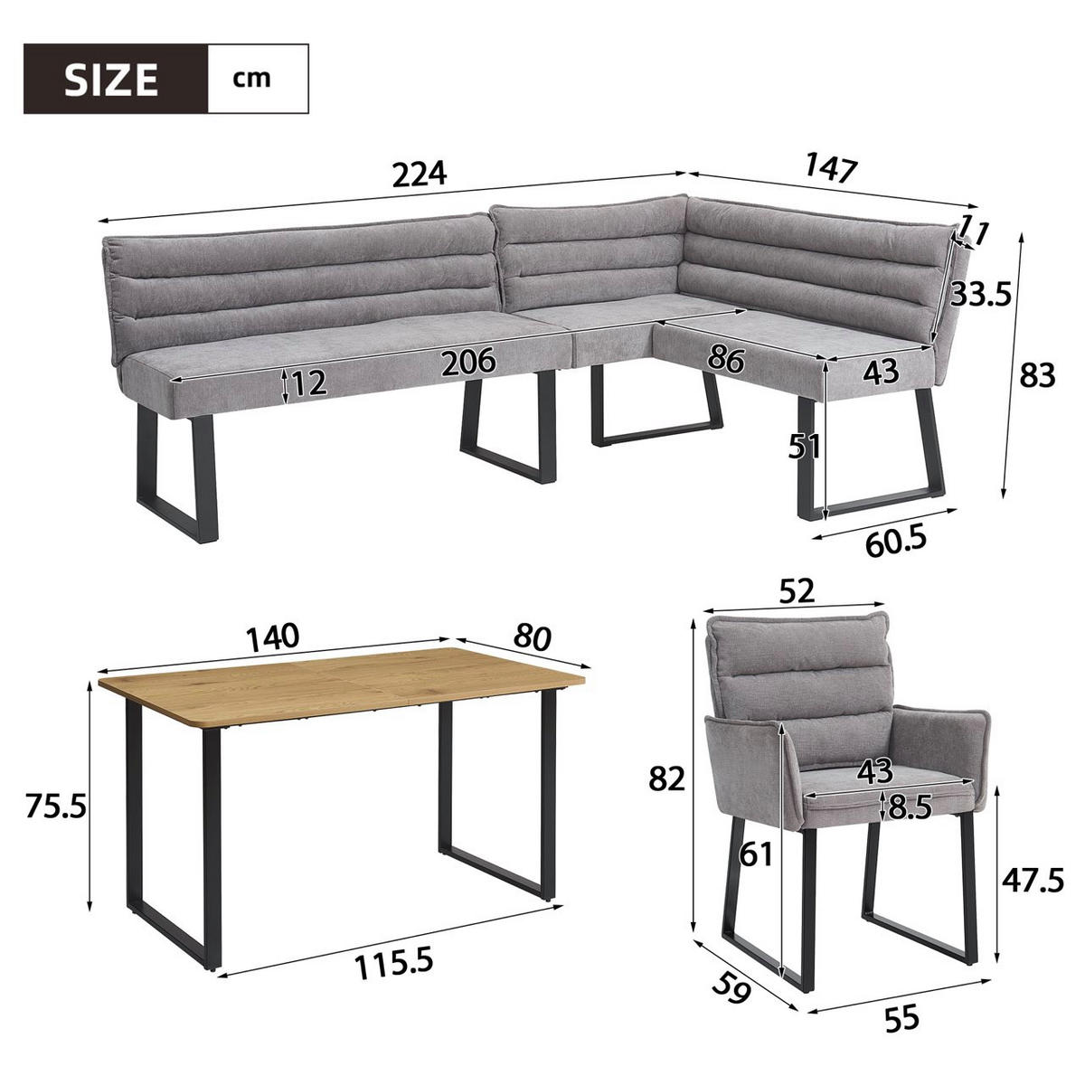 ECKBANKGRUPPE Grau Holz Chenille Tisch 2 Stühle Eckbank - Grau, Holzwerkstoff - FLIEKS