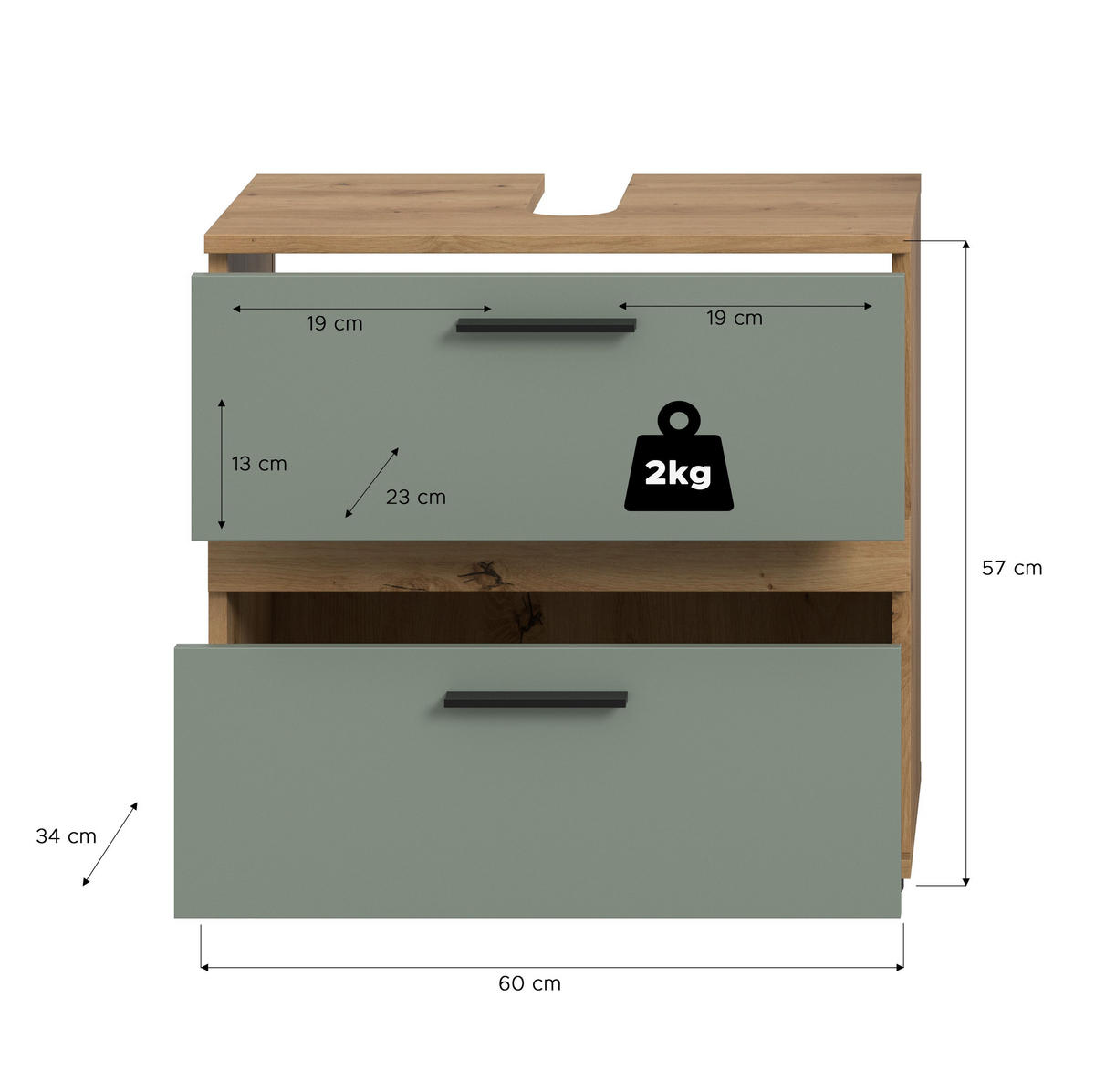 WASCHBECKENUNTERSCHRANK Flint (B/H/T: 60x57x34 cm) in Salbei und Artisan Eiche Nachbildung - Eiche Artisan, Holz (60/57/34cm) - Homes & Jones