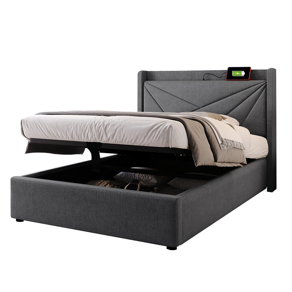 POLSTERBETT 90/200 cm in Grau Linen mit Matratze - Grau, Holz/Textil (90/200cm) - KOMHTOM