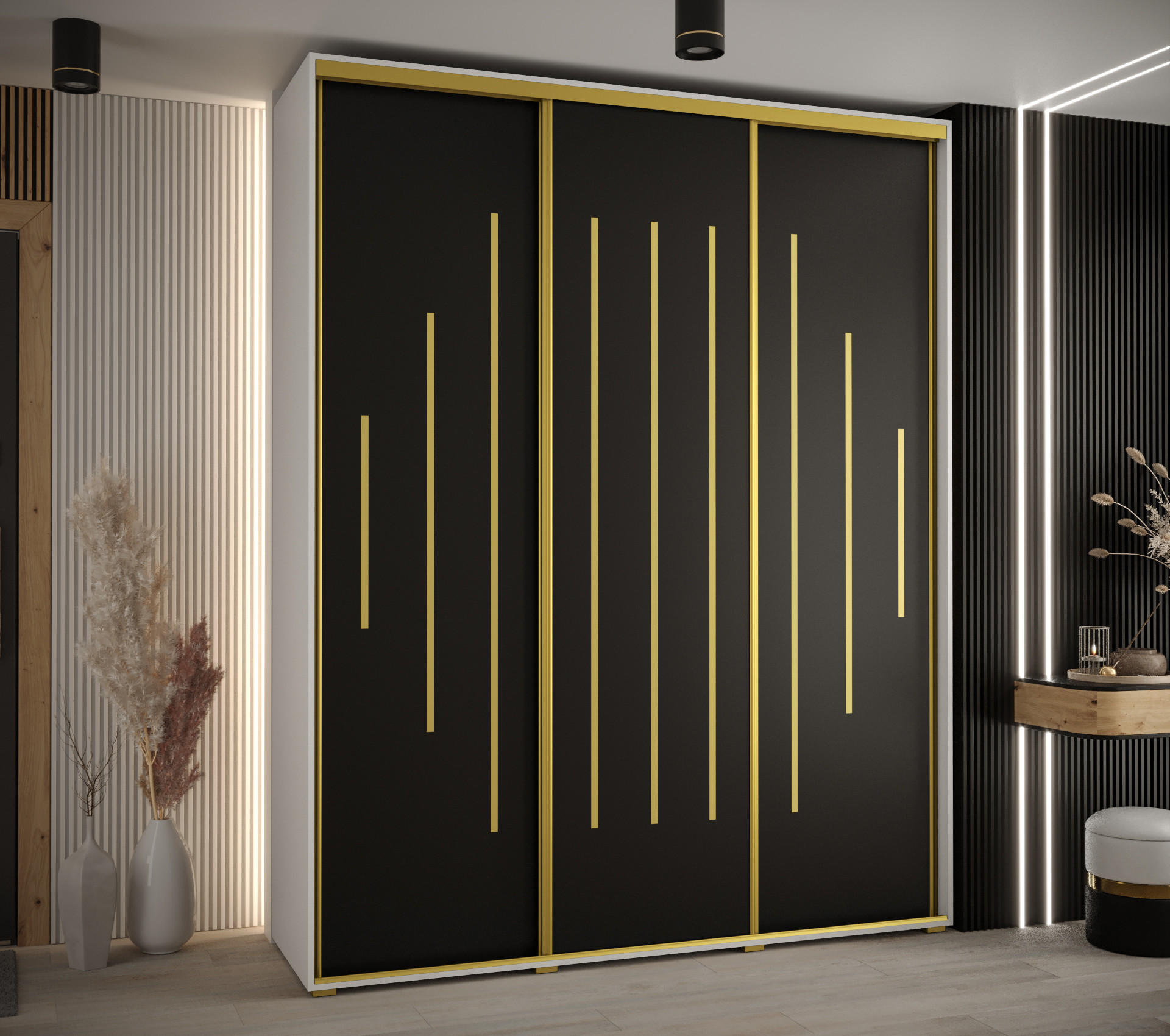 SCHWEBETÜRENSCHRANK 235,2/190/60 3-türig - Goldfarben/Schwarz, Holz/Metall (190/235/60cm) - Abiks Möbel