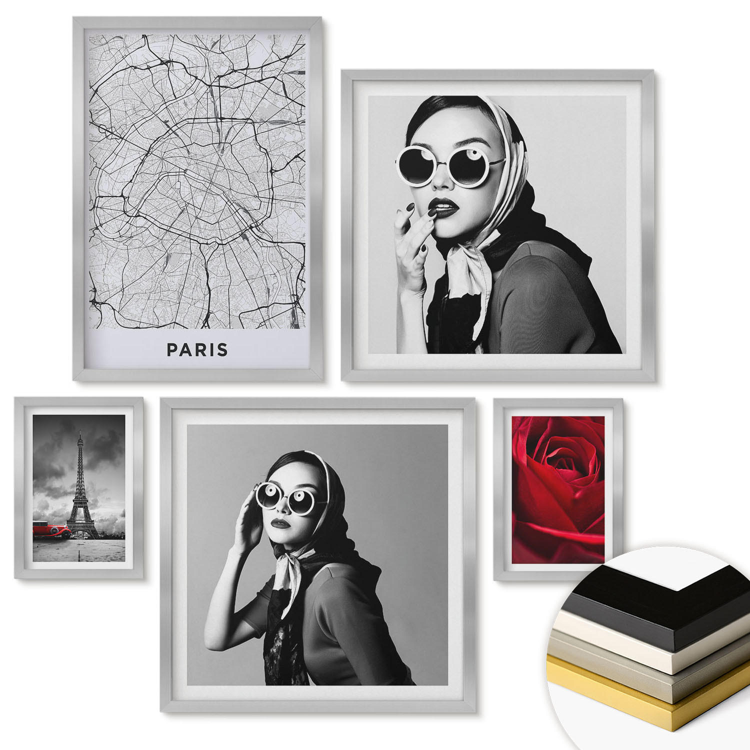 WANDBILDER 5er Set - 50x50 cm & 20x30 cm & 40x60 cm Silberner Rahmen - Pariserin mit Eiffelturmbrille - Silberfarben, Kunststoff (40/60cm) - ArtPrintCave
