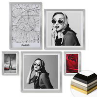 WANDBILDER 5er Set - 50x50 cm & 20x30 cm & 40x60 cm Silberner Rahmen - Pariserin mit Eiffelturmbrille - Silberfarben, Kunststoff (40/60cm) - ArtPrintCave