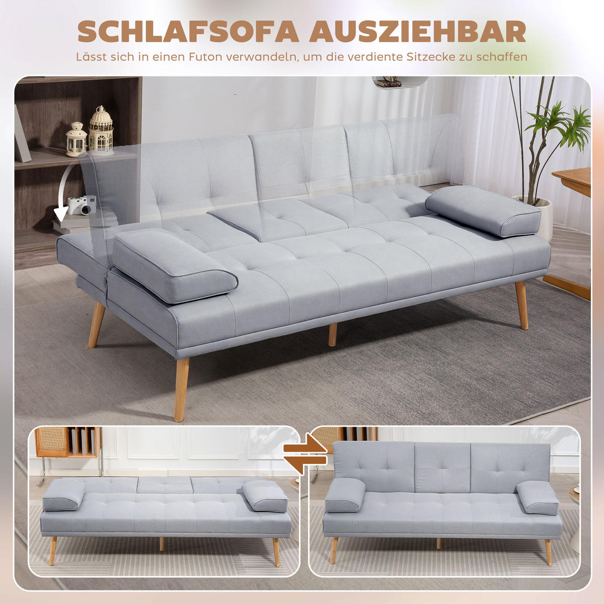 SCHLAFSOFA Sofabett Schlafcouch 3 Sitzer Leinen Hellgrau - Hellgrau/Naturfarben, Holz/Textil (77/78/181cm) - HOMCOM
