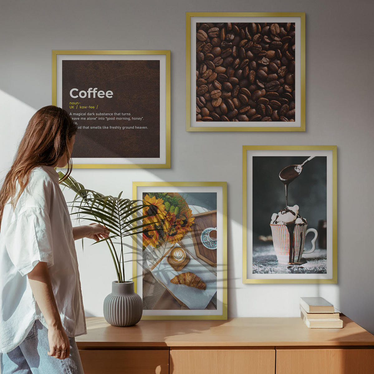 WANDBILDER 4er Set - 50x50 cm & 40x60 cm Goldrahmen - Italienische Frühstückskaffeebohnen - Goldfarben, Kunststoff (50/50cm) - ArtPrintCave