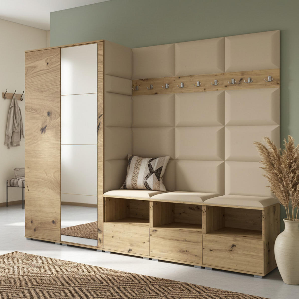 GARDEROBE NELA VII 250 cm (Modulare Flurmöbel XL Artisan Eiche mit Spiegel & Sitzpolster Beige 04 Universell) - Beige/Silberfarben, Holz/Holzwerkstoff (250/187/40cm) - Ravio