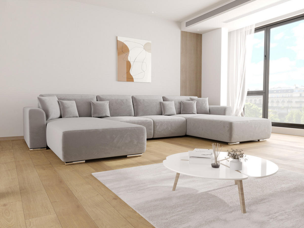 WOHNLANDSCHAFT GUSTO U Monolith 84 mit Schlaffunktion - Silberfarben, Textil (368/85/193cm) - Bedante