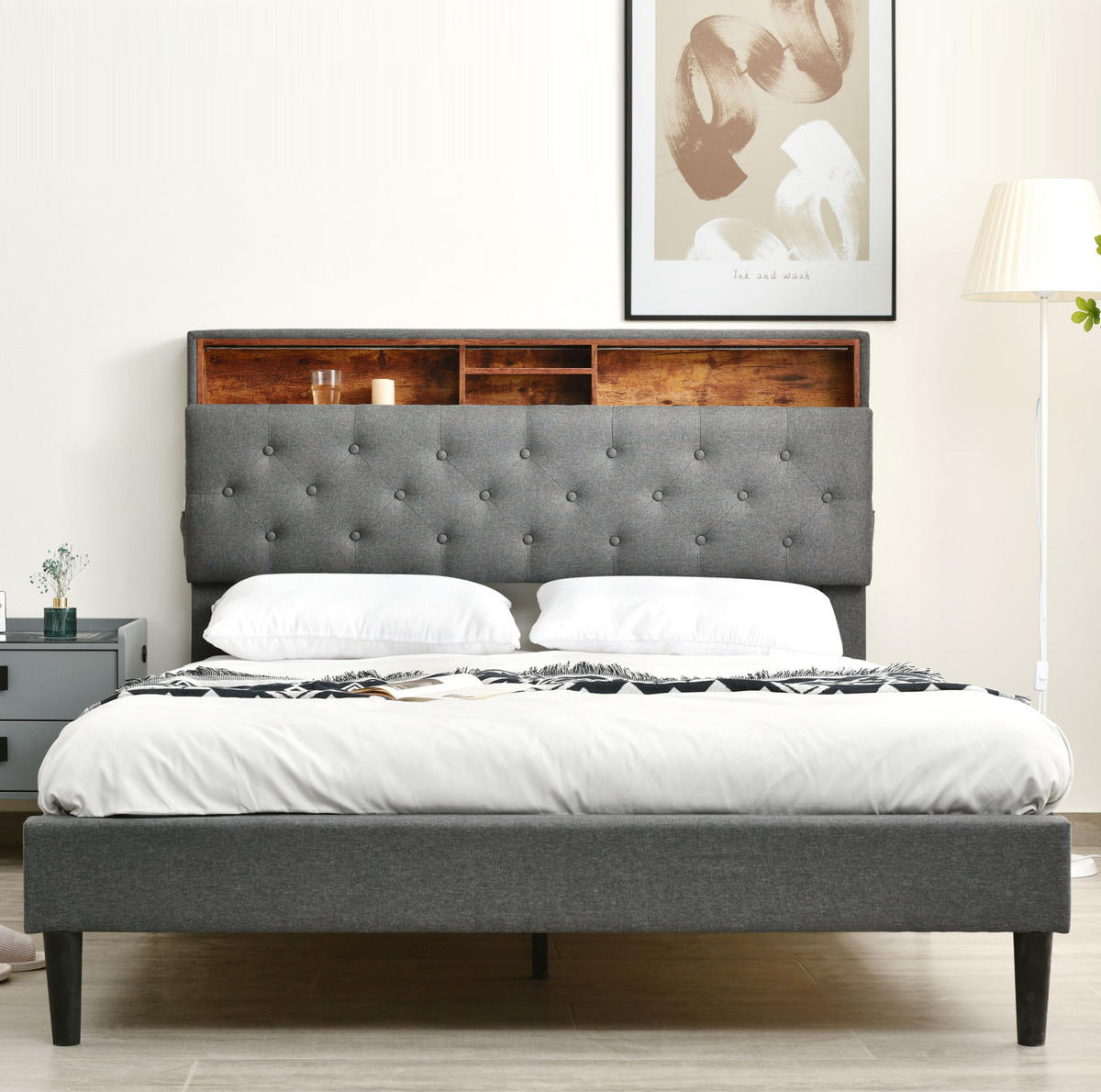 POLSTERBETT aus Massivholz 140x200 cm in Grau mit LED & Matratze - Grau, Holz (140/200cm) - Modfu