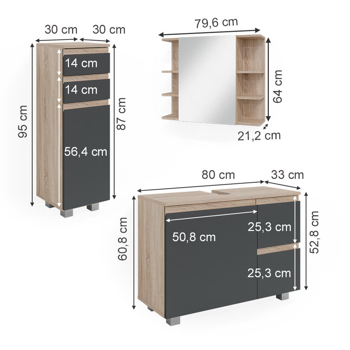 BADMÖBEL-SET J-Shape Sonoma 3 Teile, mit Midischrank - Anthrazit/Sonoma Eiche, Holzwerkstoff (80/60/33cm) - Vicco