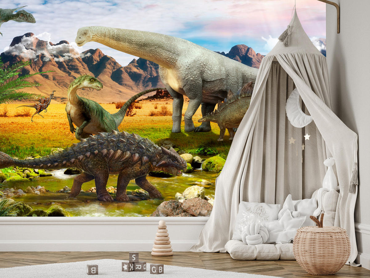 FOTOTAPETE für Kinderzimmer Dinosaurier Berge aus Felsen Bäume 350x256 - Multicolor, Papier (350/256cm) - Muralo