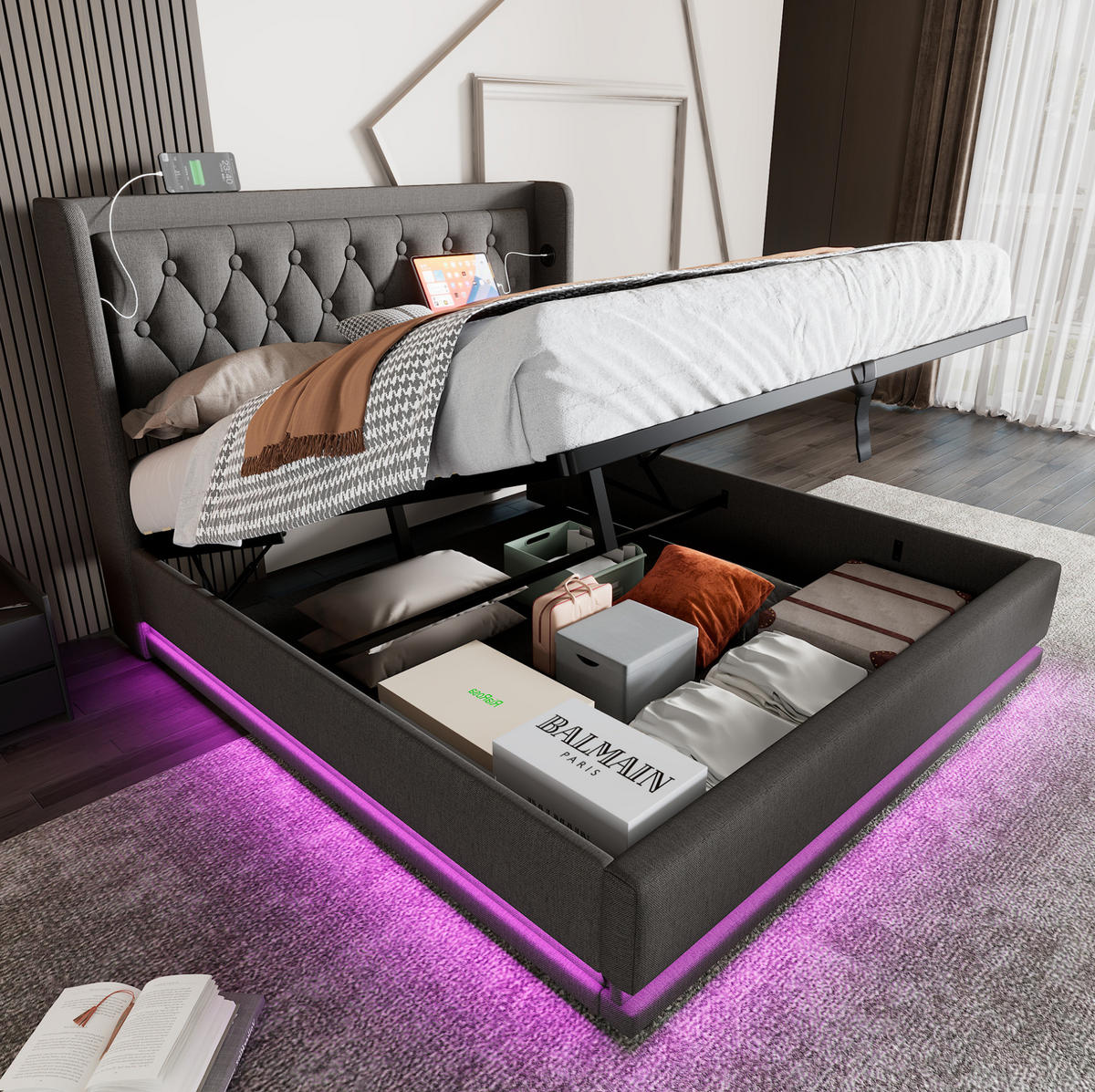 POLSTERBETT 140/200 cm mit Bettkasten, LED-Beleuchtung und USB-C in Grau - Grau, Textil (140/200cm) - BEAOK