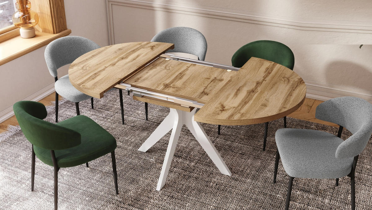 ESSTISCH rund Eiche Wotan - Weiß matt ausziehbar - Eiche Wotan/Weiß, Holzwerkstoff (110/110/77cm) - designimpex