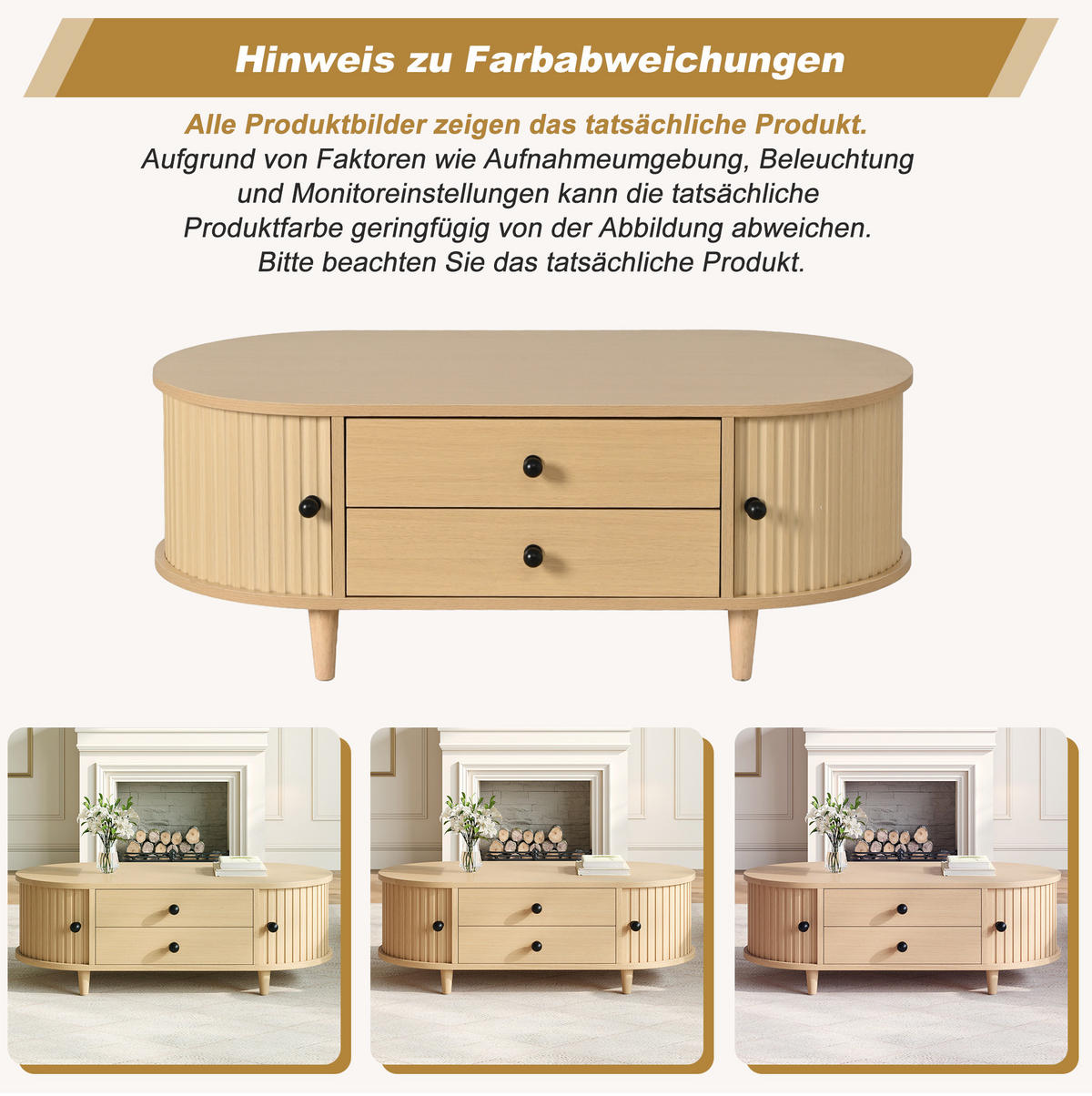 COUCHTISCH 100/50/36 cm Naturholz aus MDF mit Rolltüren und 2 Schubladen - Naturfarben, Holzwerkstoff (50/100/36cm) - OKWISH