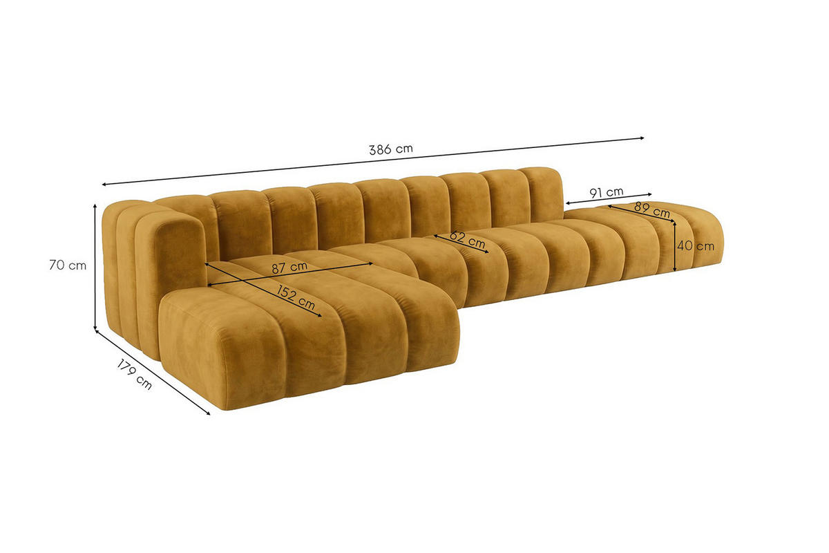 ECKSOFA Modulares In L-Form Mit Hocker, Velvet-Stoff Riviera, Senffarbe, Links, GRAND - Gelb, Holz (386/179cm) - Kaiser Möbel