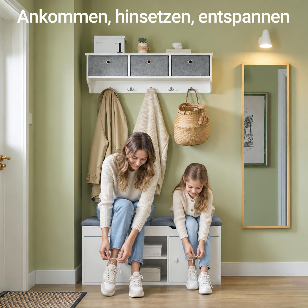 SCHUHBANK Weiß, , 100 cm breit, 2 Türen mit verstellbaren Einlegeböden, offenes Mittelfach, Sitzpolster in Grau - Weiß, Holzwerkstoff (100/48/34cm) - SoBuy
