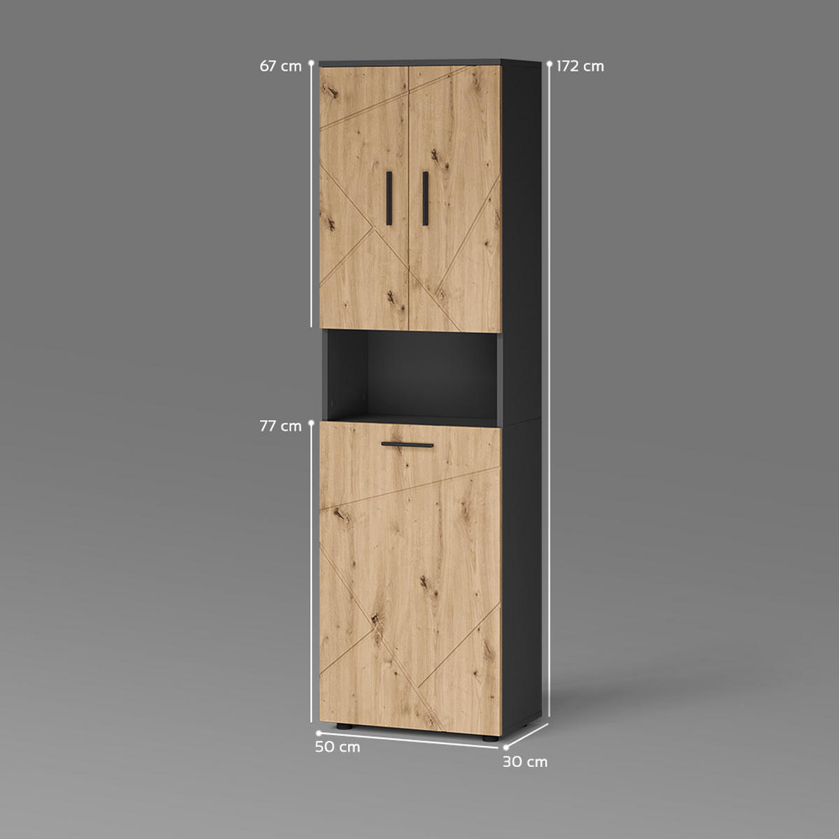 VISOKE ENOTE Ronco, Antracit/Obrtniški hrast, 50 x 172 cm s 3 vrati - antracit/hrast artisan, leseni material (50/172/30cm) - Livinity®
