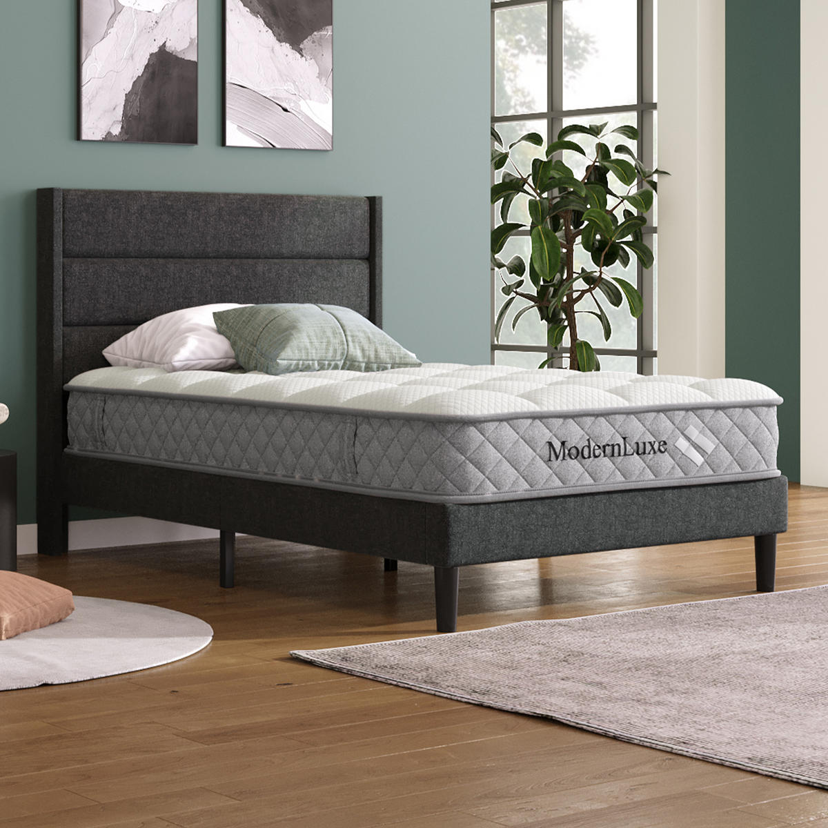 POLSTERBETT 90/200 cm DE-01125, in Leinen Dunkelgrau, mit Matratze - Dunkelgrau, Holz (90/200cm) - ComfortXL