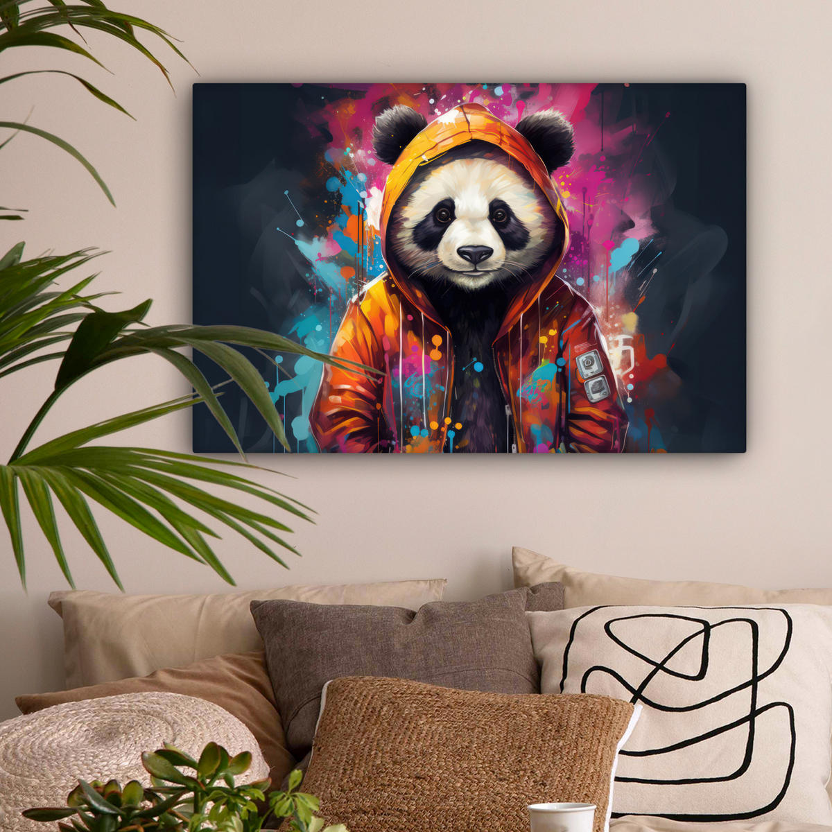 LEINWANDBILD Panda - Jacke - Graffiti - Orange Wanddeko 90x60 cm - Orange, Textil (90/60cm) - MuchoWow