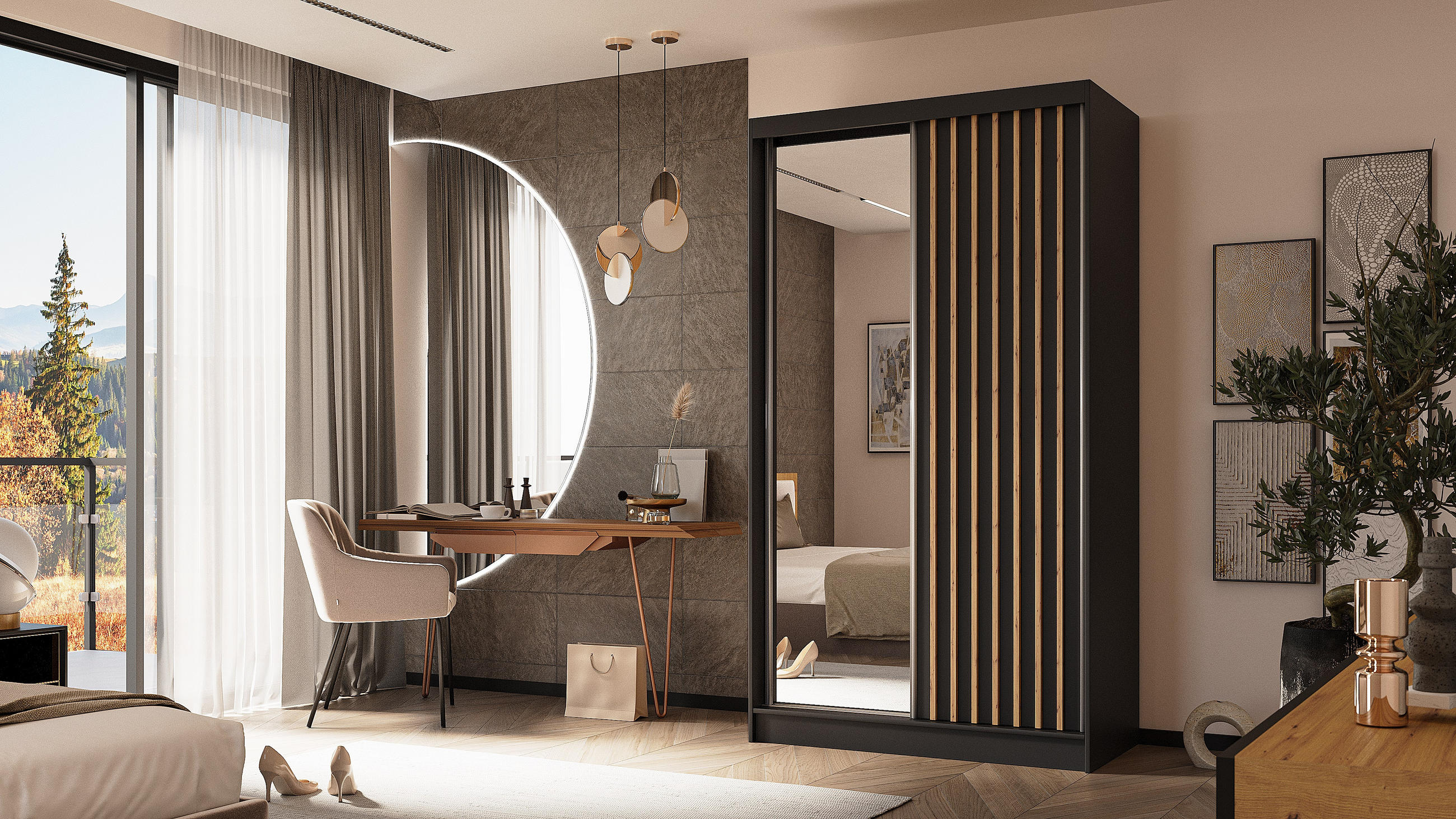 KLEIDERSCHRANK mit Spiegel-Schiebetüren und Aluminium-Leisten - LAMELO - 120 cm Schwarz+Schwarz+ Artisan - Schwarz/Eiche Artisan, Holzwerkstoff (120/216/61cm) - ALTDECOR