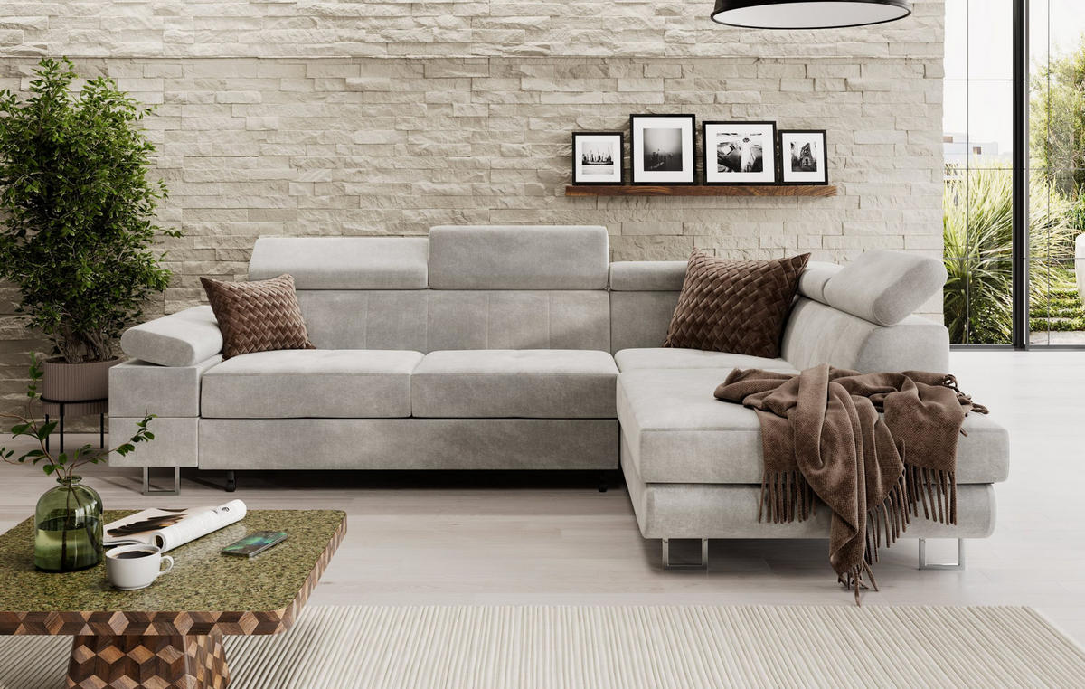 ECKSOFA CAROLINE Rechts Hellgrau Velours-Stoff mit Schlaffunktion und Bettkasten - Chromfarben/Hellgrau, Textil (253/190cm) - Barchello