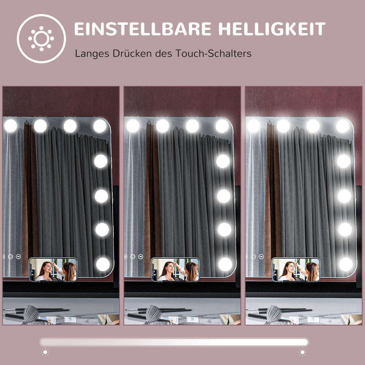 HOLLYWOOD Spiegel mit Beleuchtung, Schminkspiegel mit 14 LED Licht, 3 Lichtfarben - Schwarz, Glas (14/49.5/62.5cm) - HOMCOM
