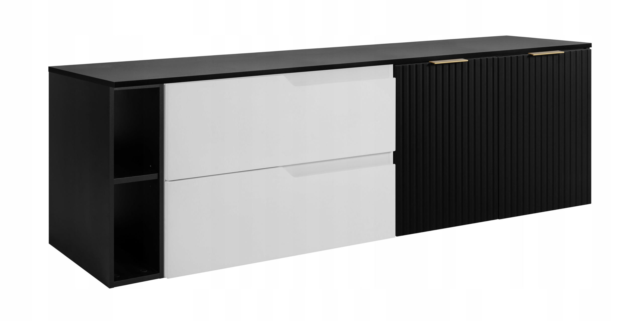 WASCHBECKUNTERSCHRANK MODERN 140 cm mit Arbeitsplatte Farbe: Schwarz mit geriffelter Vorderseite + Regal Farbe: Schwarz - Weiß - Schwarz/Weiß, Holzwerkstoff (140/57/46cm) - Rodan