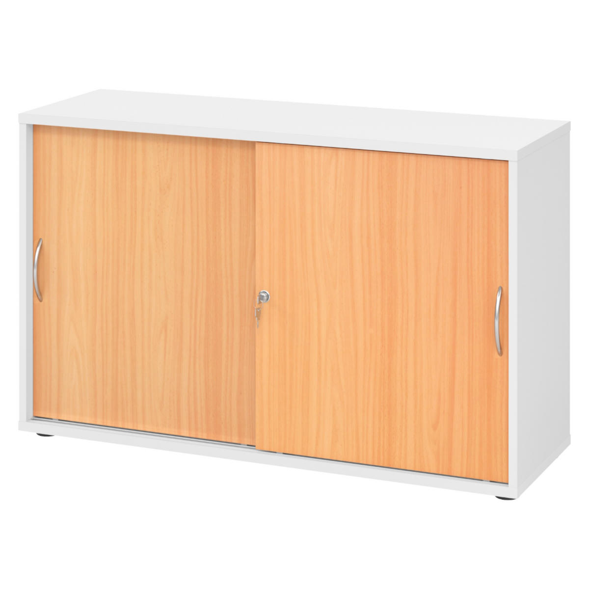 SCHIEBETÜRENSCHRANK - 2 Ordnerhöhen 40/120/74,8 cm in Weiß/Buchefarben Bogengriff (Metall) - Buchefarben/Weiß, Holzwerkstoff (120/74.8/40cm) - bümö