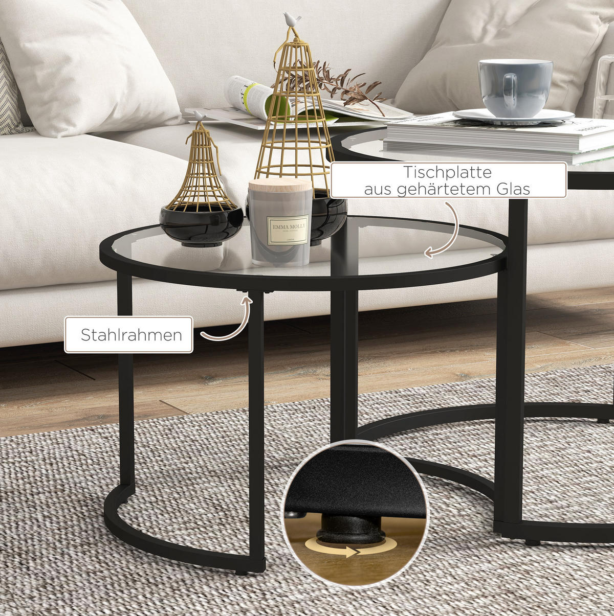 COUCHTISCH 2er-Set 70/47,5 & 54/42,5 cm aus Glas und Stahl, teilweise stapelbar - Schwarz, Metall (70/70/47.5cm) - Flora Grace