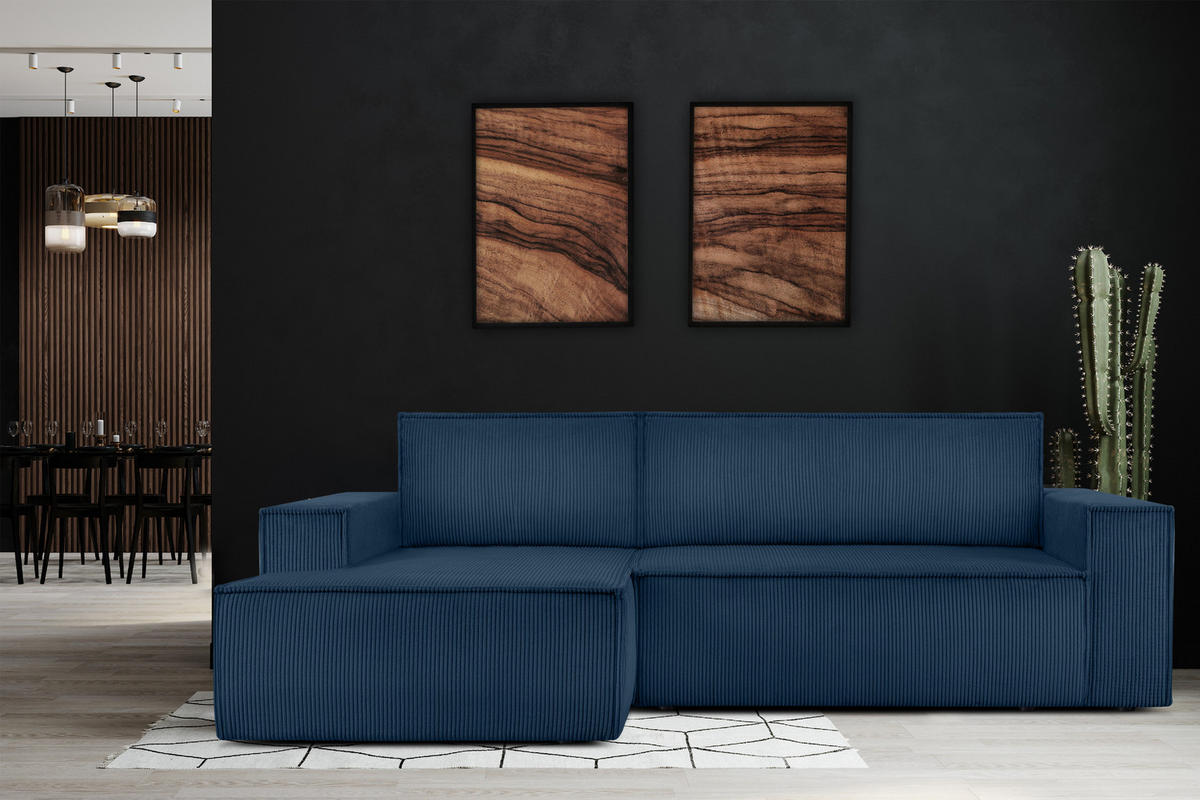 ECKSCHLAFSOFA-LINKS NAPI in Pet Friendly Cord-Stoff, marineblau - Blau/Schwarz, Textil (262/148cm) - KONSIMO®