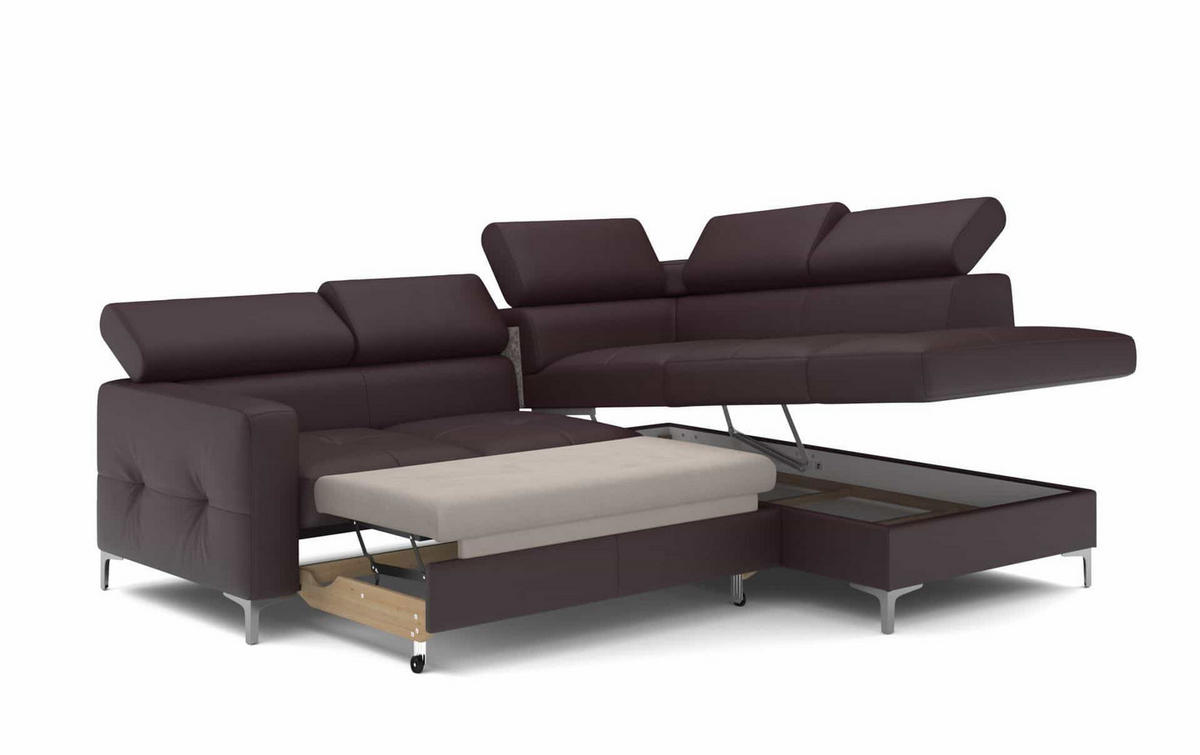 ECKSCHLAFSOFA aus Echtleder mit Schlaffunktion und Bettkasten - Chromfarben/Dunkelbraun, Leder/Holz (207/242cm) - Cotta