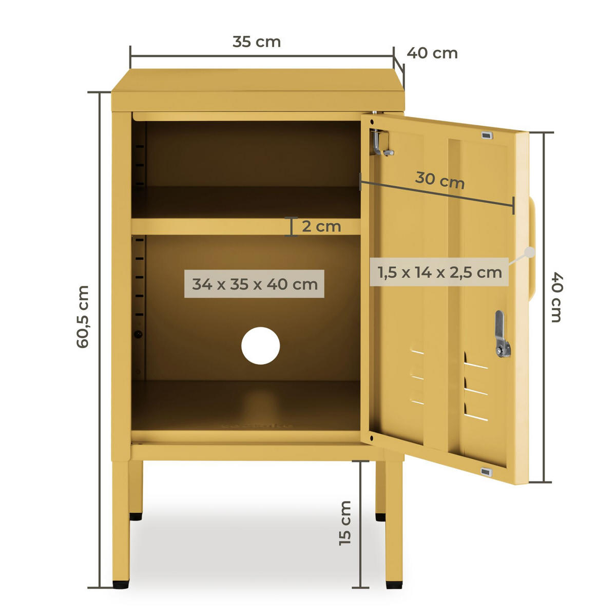 NACHTSCHRANK Baker, Kippschutz, höhenverstellbare Füße, gelb - Gelb, Metall (35/60.5/42.5cm) - tectake