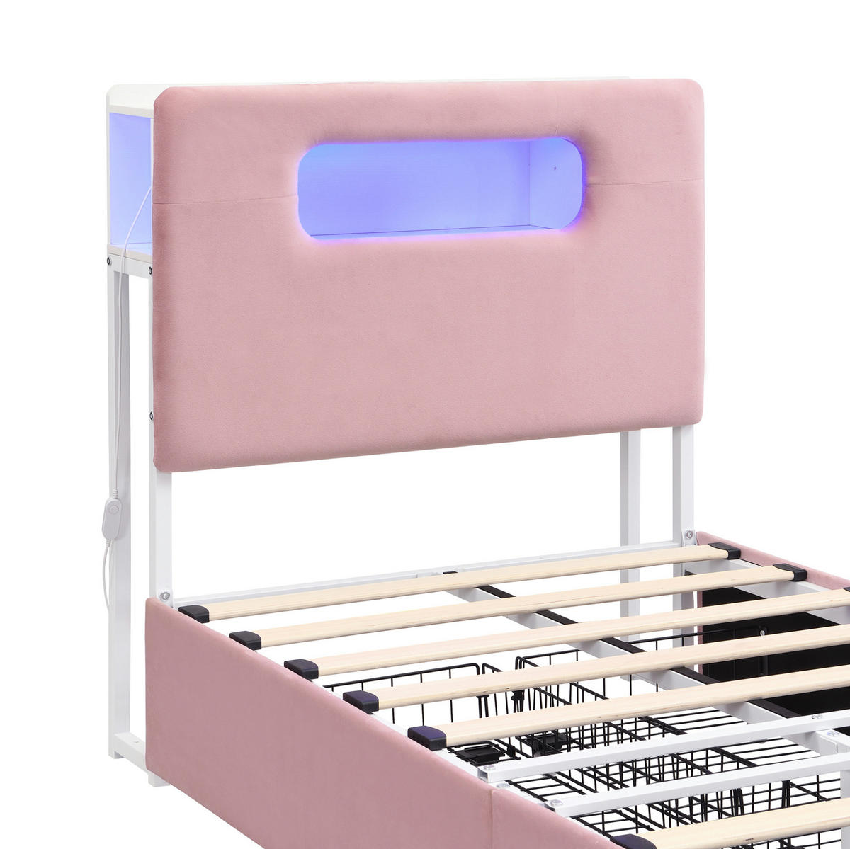 KINDER-POLSTERBETT aus Samt 90x200 cm Rosa mit 4 Schubladen und App-gesteuerter LED-Beleuchtung - Pink, Textil (90/200cm) - Modfu