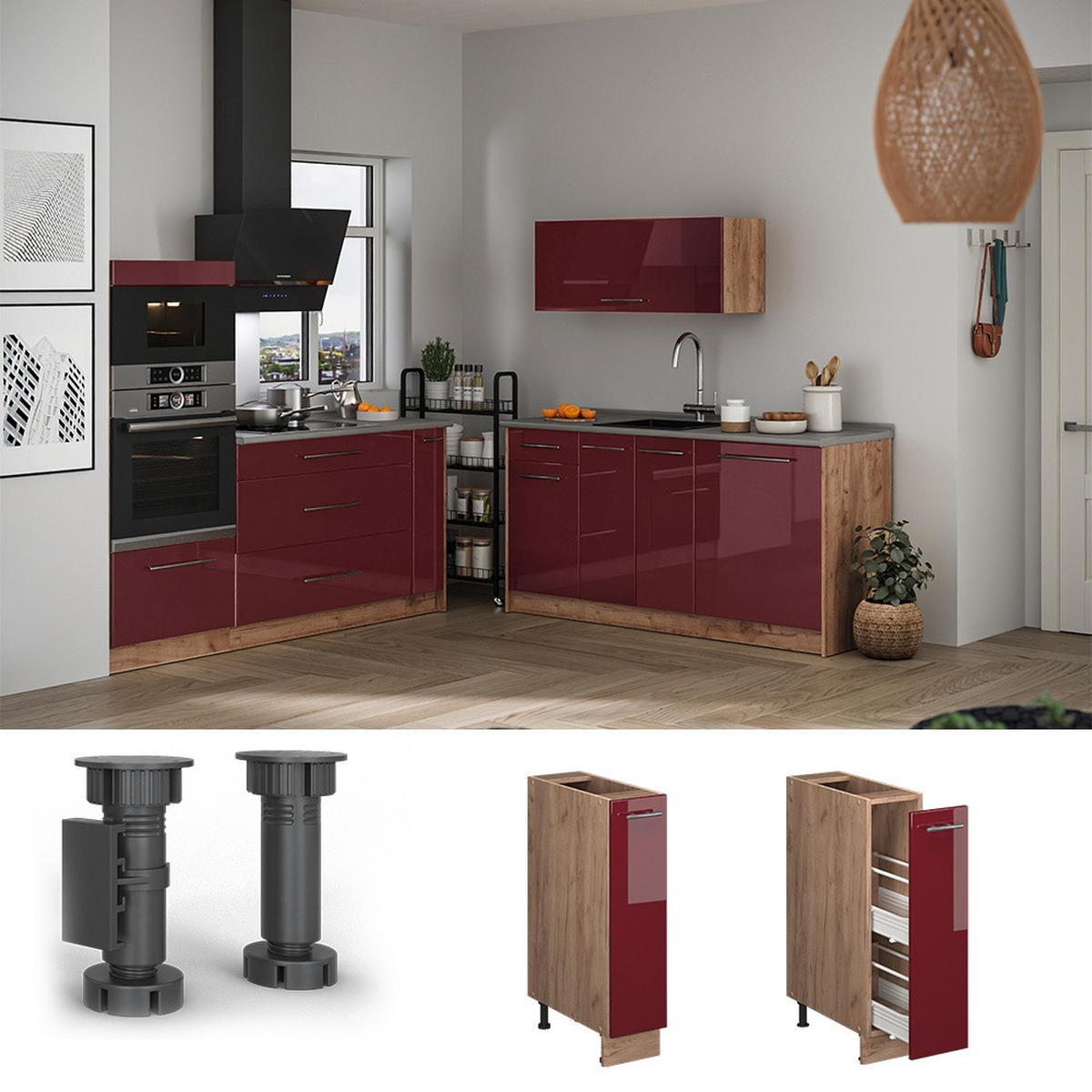 APOTHEKERSCHRANK Fame-Line, Bordeaux Hochglanz/Goldkraft Eiche, 20 cm, AP Eiche - Honigeiche/Bordeaux, Holzwerkstoff (20/82/60cm) - Vicco