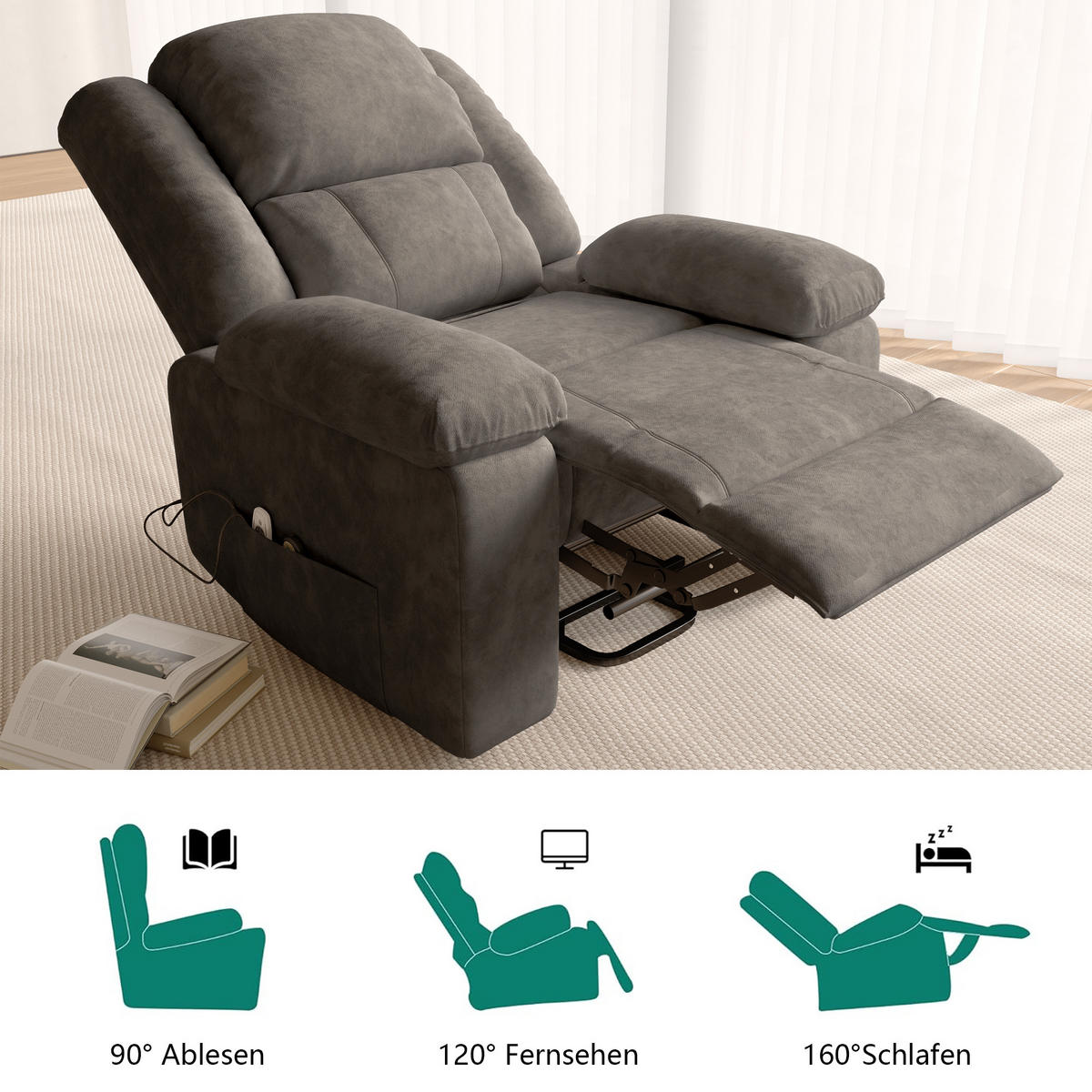 FERNSEHSESSEL Massagesessel Elektrisch mit Liege- & Wärmefunktion, Grau - Grau, Metall (102/106/93cm)