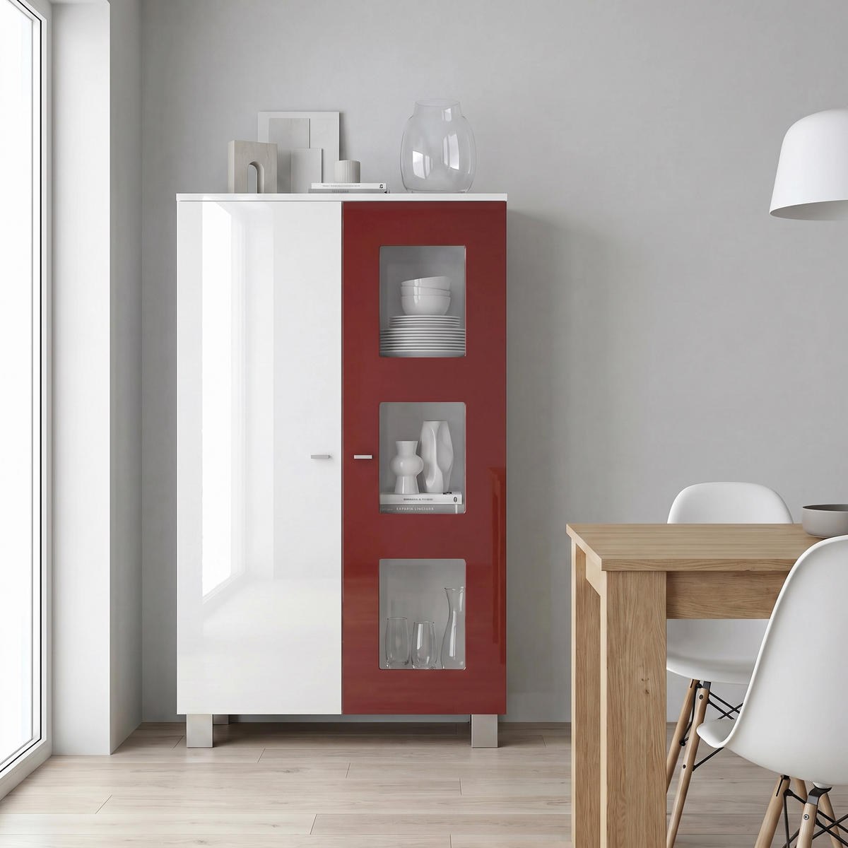 VITRINA Denjo Bijela mat / Bijela visoki sjaj / Bordo visoki sjaj (71 x 129 x 35 cm) - bordo, drvni materijal (71/129/35cm) - Vladon