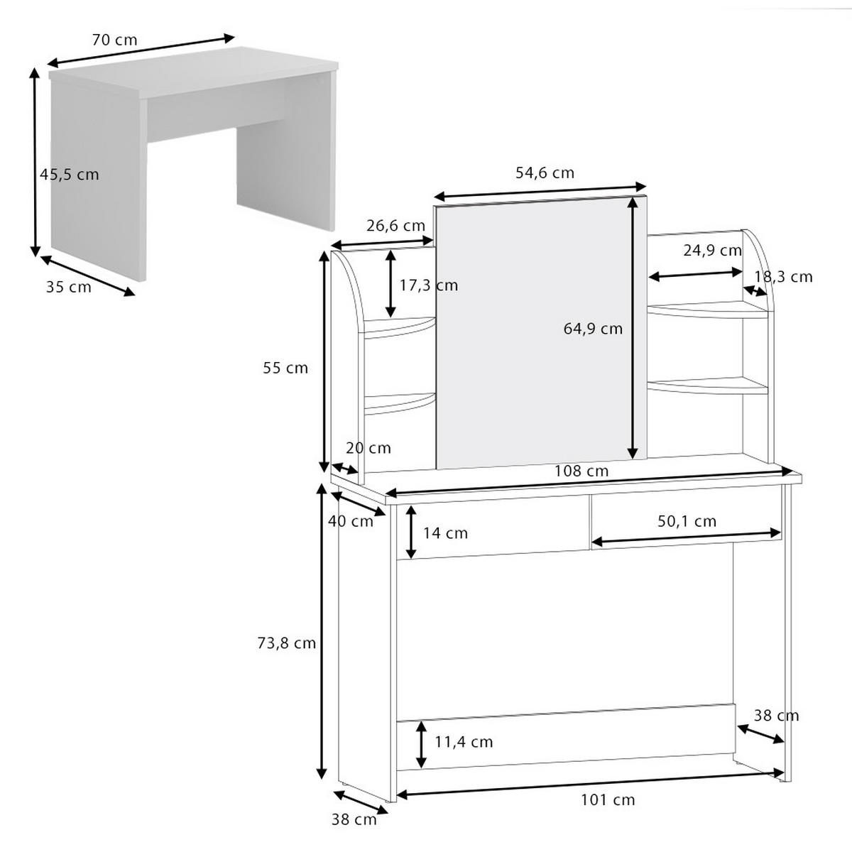 SCHMINKTISCH Charlotte Weiß 108 cm mit Bank - Weiß, Holzwerkstoff (108/139/40cm) - Vicco
