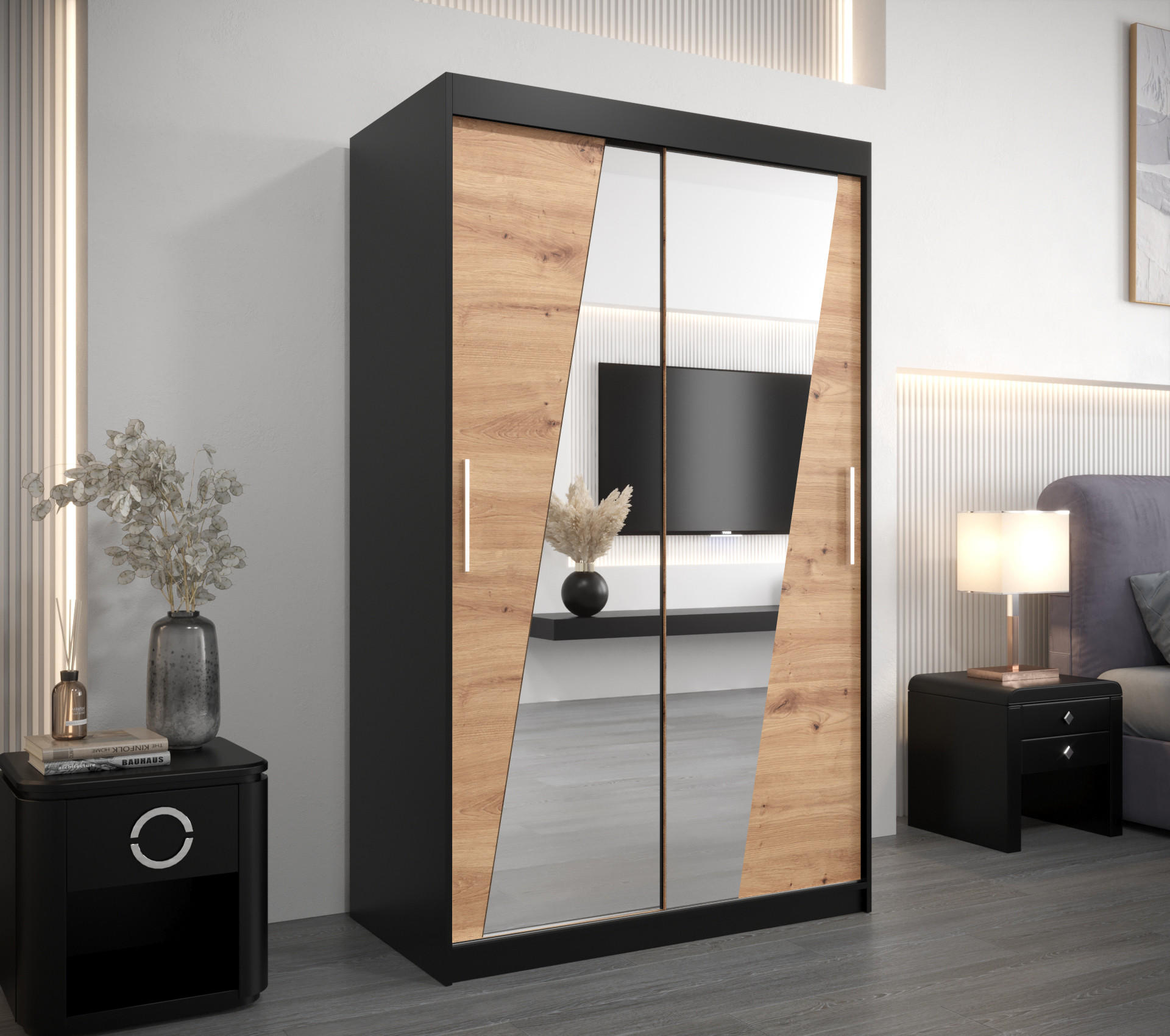 SCHWEBETÜRENSCHRANK 200/120/62 2-türig - Silberfarben/Schwarz, Holz/Kunststoff (120/200/62cm) - Abiks Möbel