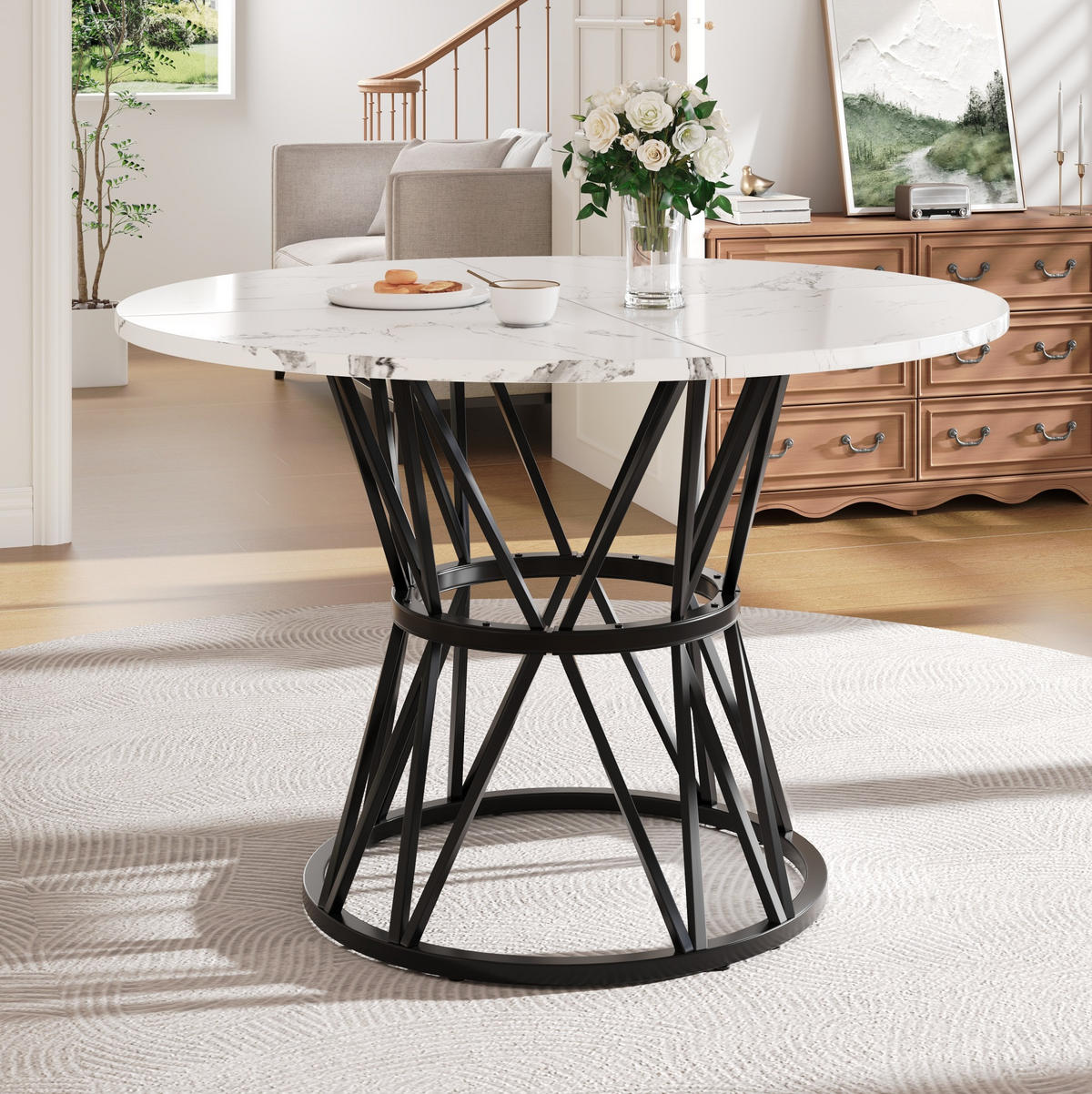 ESSTISCH 100x100x76 cm in Schwarz aus MDF mit Schwarz-Marmoroptik auf Metallgestell mit Stellfüßen - Schwarz, Holzwerkstoff (100/100/76cm) - Modfu