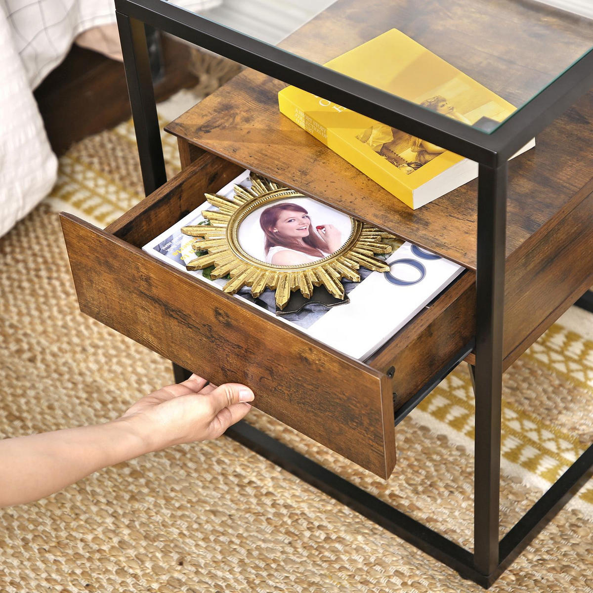 NACHTTISCH Holzoptik Glass Metall Dunkelbraun Schwarz mit Schublade 43x43x54 cm - Dunkelbraun/Schwarz, Glas/Holzwerkstoff (43/54/43cm) - Begryf