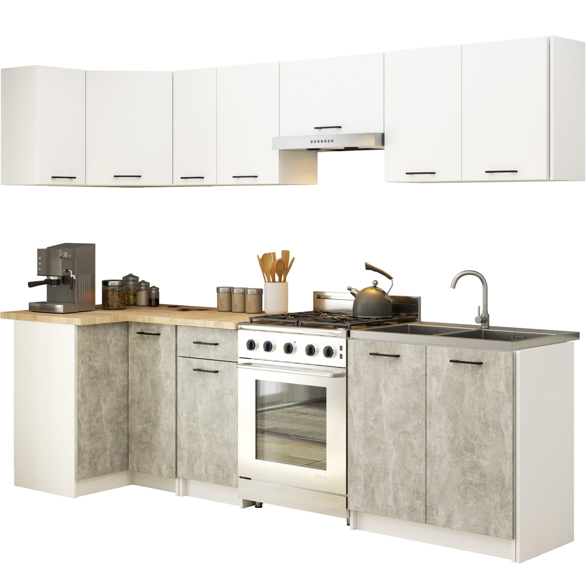 BUCĂTĂRIE fără electrocasnice Alb, beton 203/300/46 - alb, compozit lemnos (300/203/46cm) - RAUMHIRSCH FURNITURE