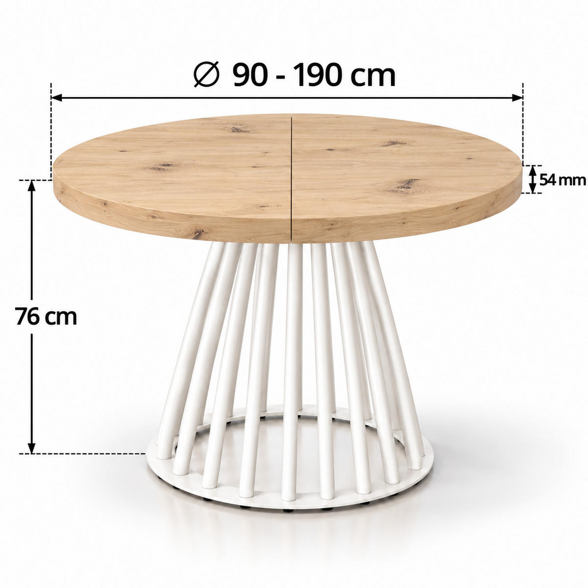 ESSTISCH rund ausziehbar 90/190/76 cm, Hellbraun Artisan Eiche, 54 cm Tischplatte + Lamellen-Metallgestell Weiß - Weiß/Eiche Artisan, Holzwerkstoff/Metall (90/190/76cm) - Damale Möbel