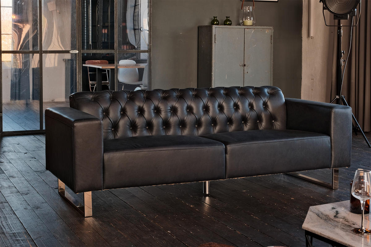 LEDERSOFA NILO Schwarz Leder - Schwarz, Leder (219/77/86cm) - KAWOLA