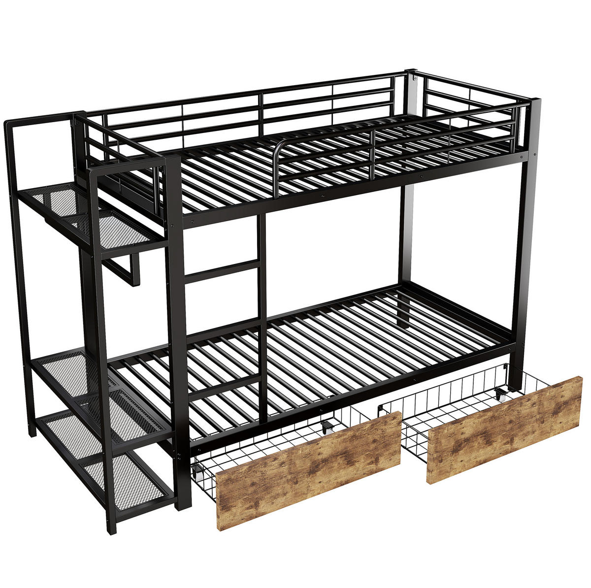 ETAGENBETT 90/200 cm aus Metall mit LED-Lichtleiste, Schubladen, Schwarz - Schwarz, Metall (90/200cm) - OKMYHOME