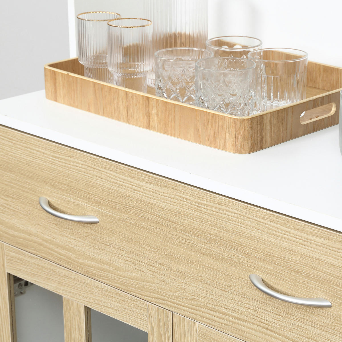 BUFFET DE-11004 4 Glastüren Weiß/Eiche hell - Weiß, Holzwerkstoff (40/180/80cm) - ComfortXL