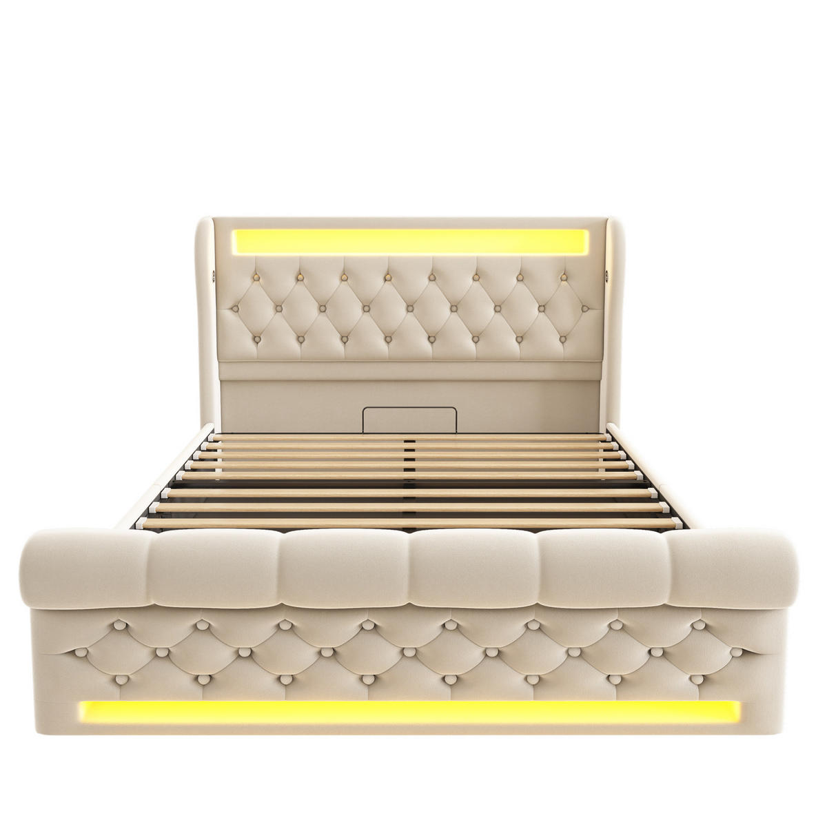 POLSTERBETT 140/200 cm in Beige mit LED-Beleuchtung, Stauraum und Matratze - Beige, Textil (140/200cm) - Flora Grace