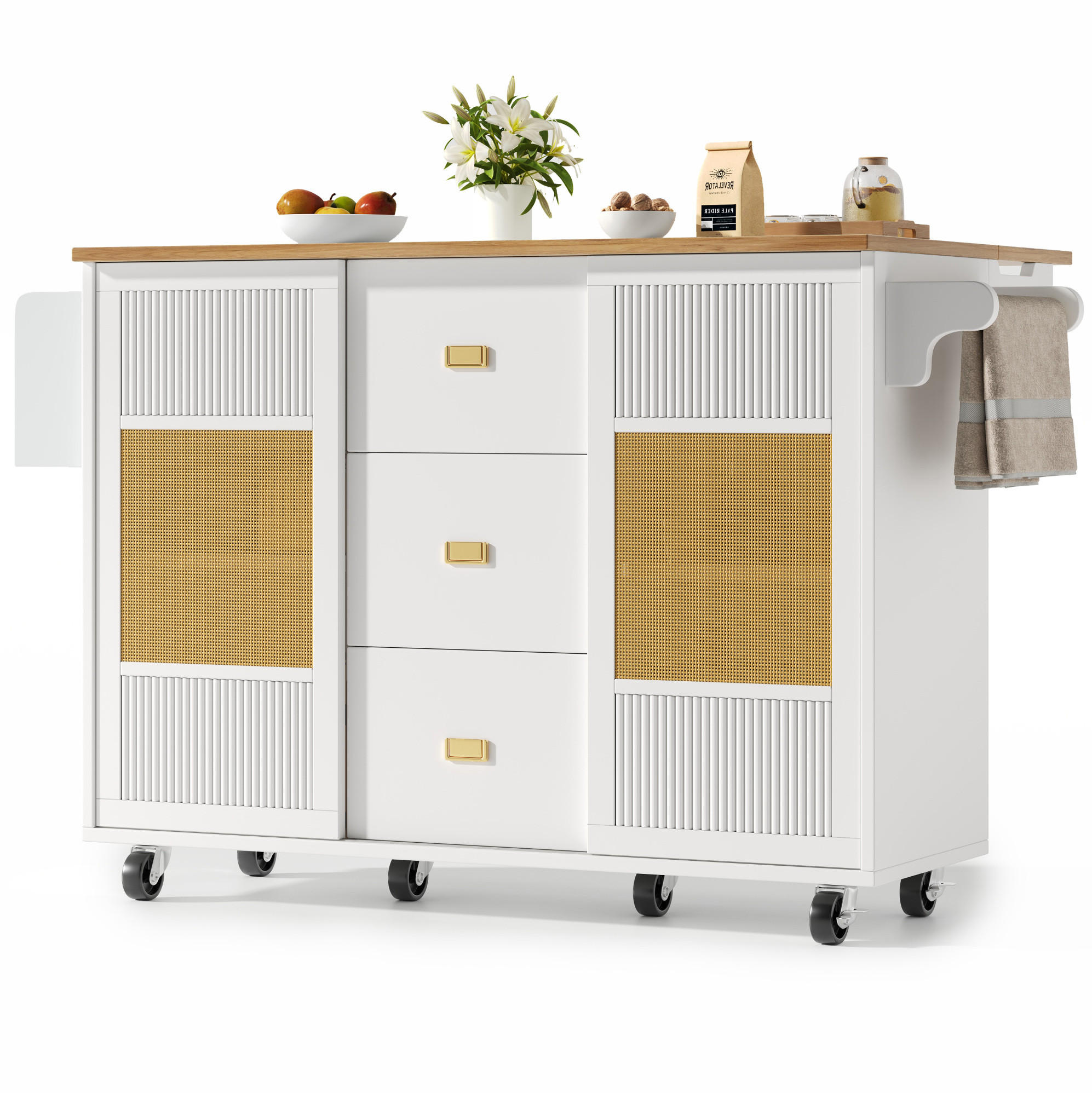 KÜCHENINSEL 146,85/70/90 cm aus MDF und Metall mit klappbarer Tischplatte Weiß - Weiß, Holzwerkstoff (146.85/90/70cm) - Modenvie
