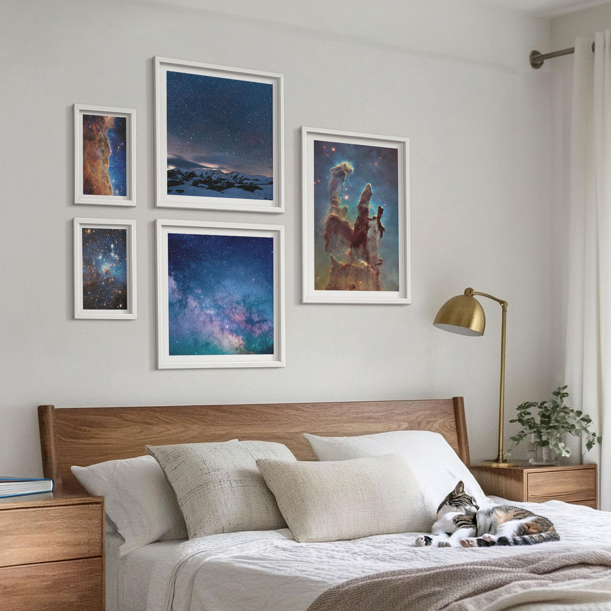 BILDER SET 5er Set - 50x50 cm & 20x30 cm & 40x60 cm Weißer Rahmen - Weltraumlandschaften von Galaxien - Weiß, Kunststoff (40/60cm) - TULUP