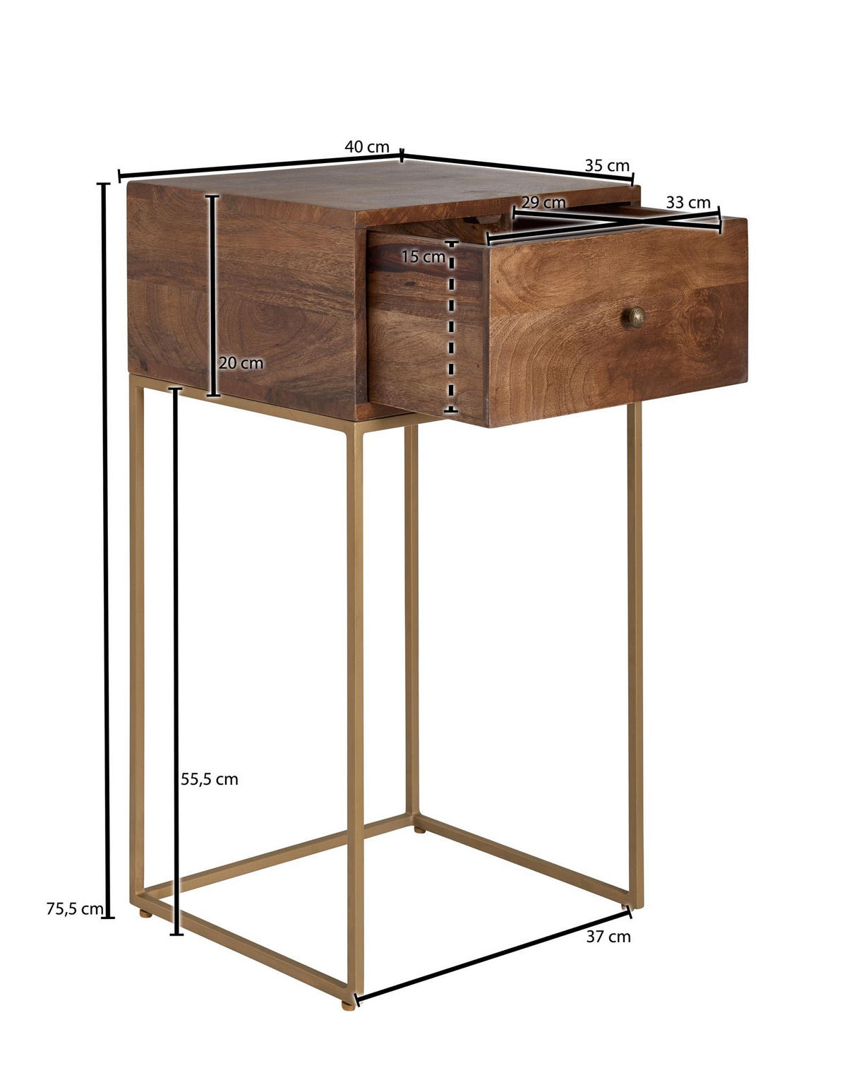 NACHTTISCH – Mango Massivholz/Metall, 1 Schublade, Industrial-Stil - Goldfarben/Braun, Holz/Metall (40/75/35cm) - KADIMA DESIGN