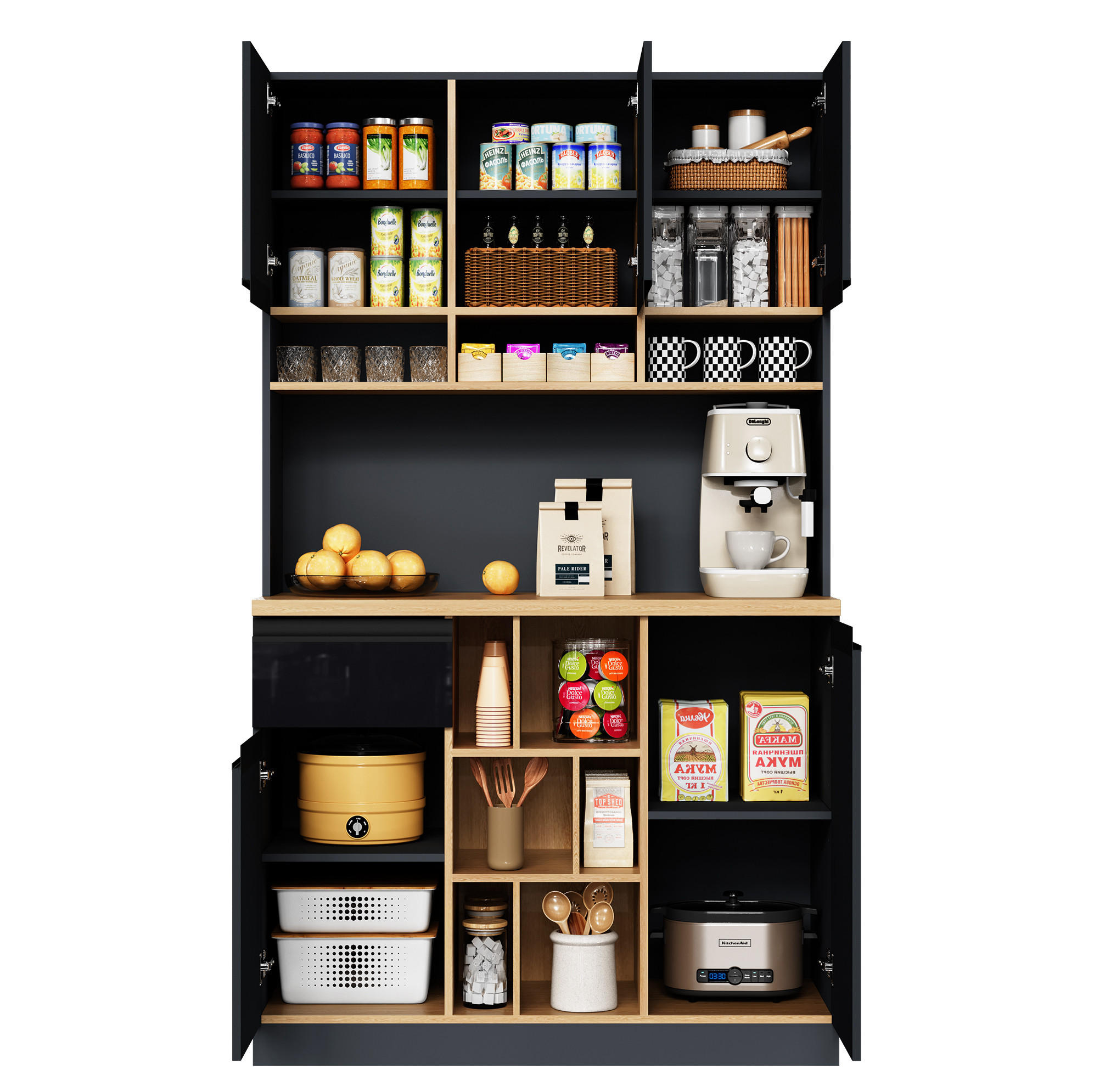 BUFFET 105/45/185 cm aus MDF mit Hochglanzfronten und offenem Stauraum Schwarz/Naturfarben - Schwarz, Holzwerkstoff (105/185/45cm) - Modenvie