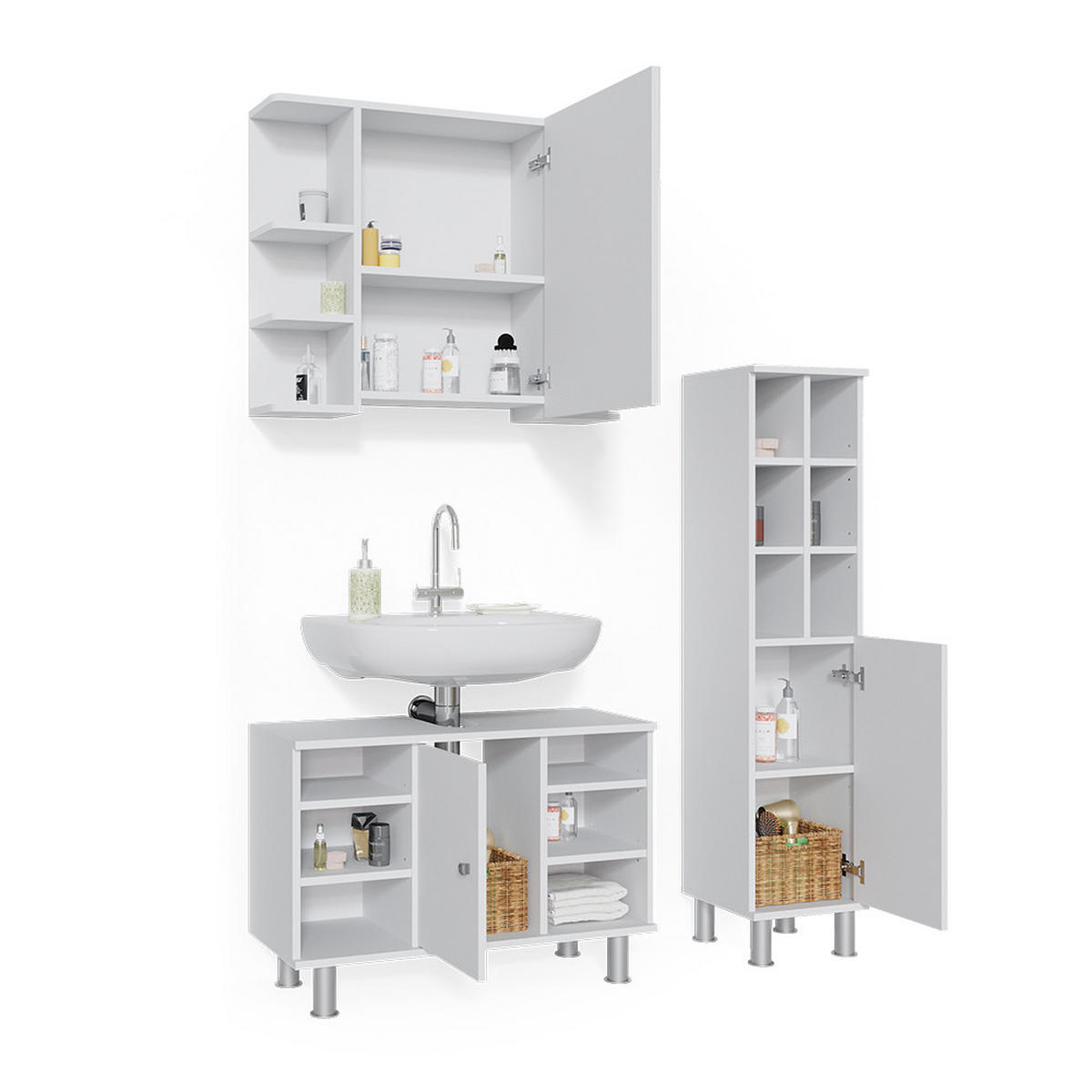 BADMÖBEL-SET Fynn Weiß 3 Teile, mit Midischrank Tür groß - Weiß, Holzwerkstoff (60/54/32cm) - Vicco